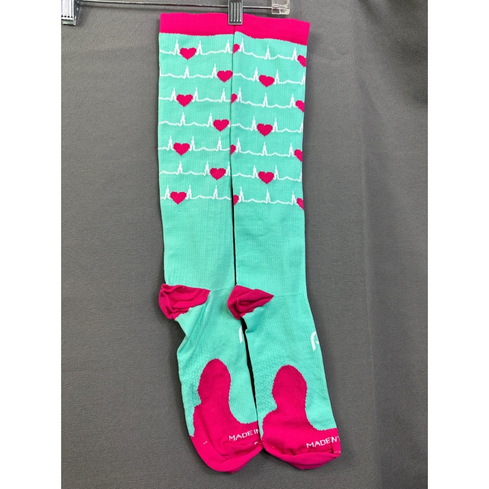 2 pairs Teal Pink EKG Heartbeat Compression‎ Socks Knee High LG/XL Made in USA